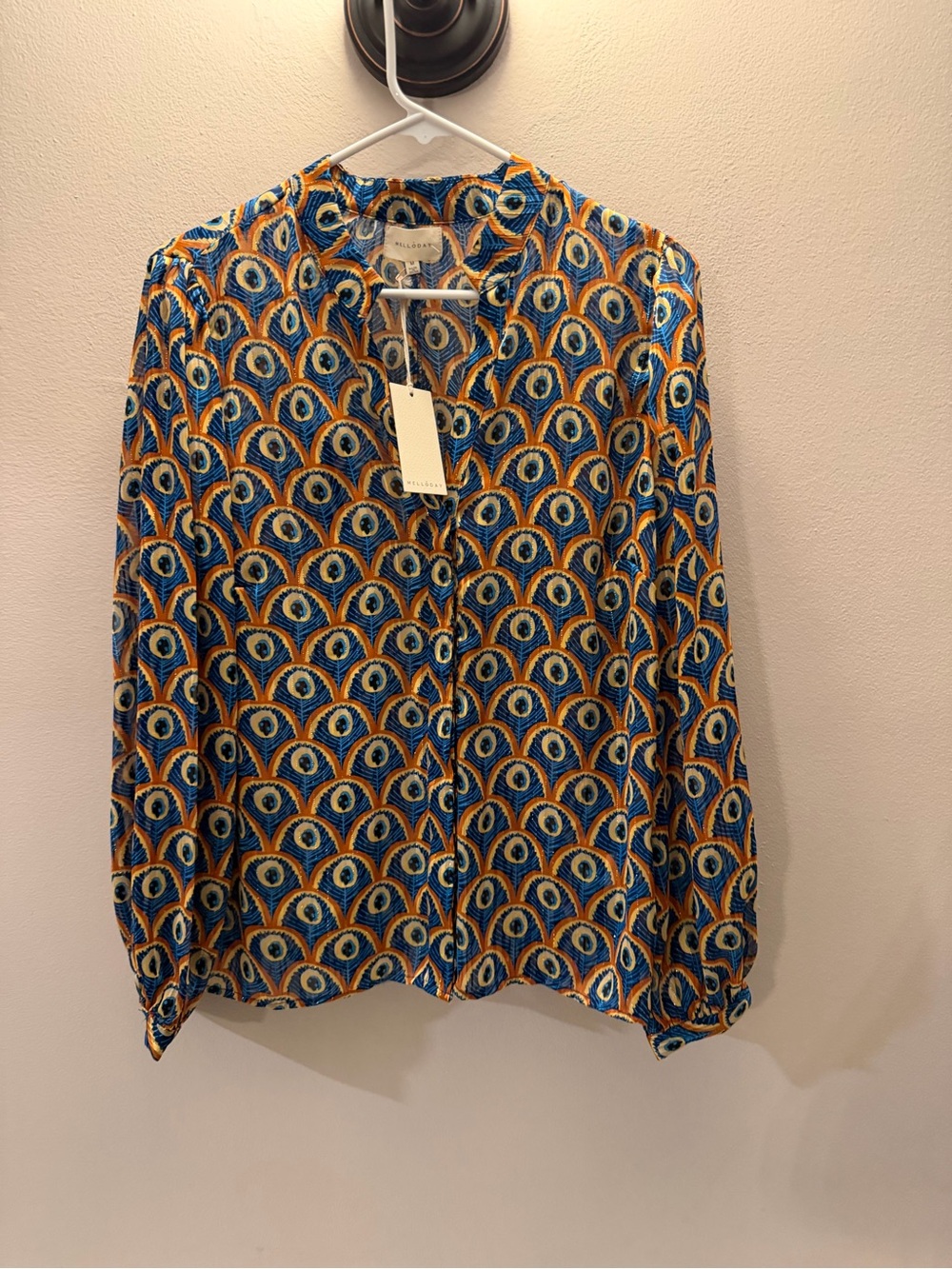 Melloday Blue Orange Peacock Feather Print Metallic Thread Blouse Top Medium NWT